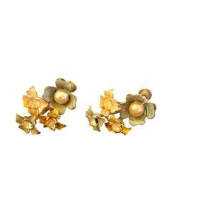 Vintage Earrings Gold Enamel Floral Women's Green and Gold Jewelry